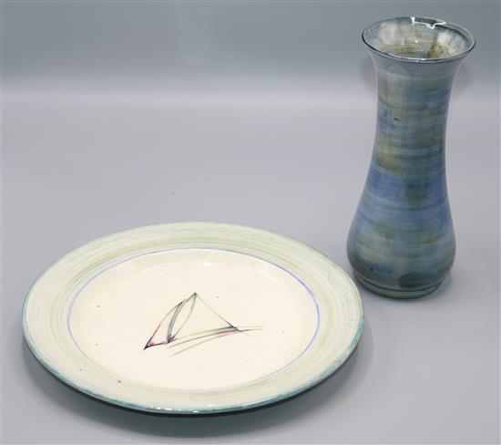 A Moorcroft blue/green-glazed trial vase and a plate with abstract design